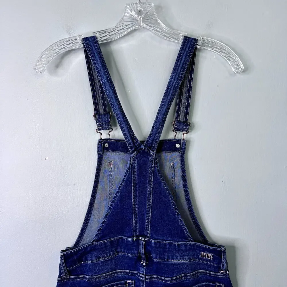 Justice Distressed Dark Wash Denim Bib Overalls Skinny Stretch Girl's Size 16